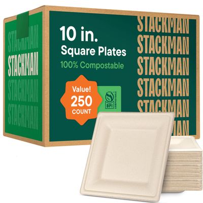 100% Compostable Square Paper Plates 10 inch [250-Bulk Pack] - (PFAS-Free) - (BPI Certified) Heavy Duty, Eco-Friendly, Biodegradable Bagasse Dinner Plates - Natural Brown 10x10" Plate