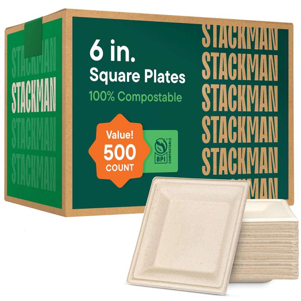 100% Compostable Square Paper Plates 6 inch [500-Pack] Heavy Duty, Eco-Friendly, Biodegradable Bagasse Dinner Plates - Natural Brown 6x6" Plate - (PFAS-Free) (BPI Certified) By Stack Man