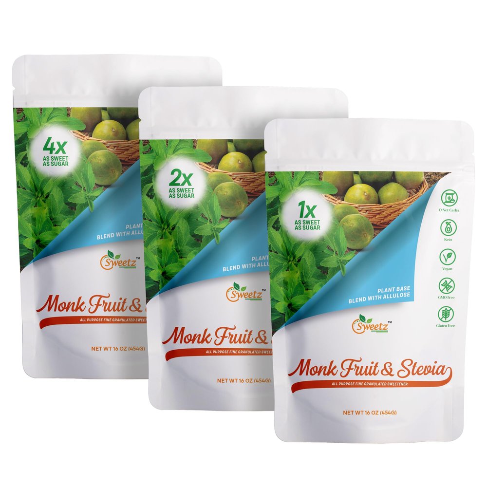 Monk FruitStevia & Allulose All Purpose Sweetener Multi-Pack-3: 1X, 2X, and 4X RSS (Relative Sugar Sweetness); Total Servings 795; Zero Calorie Sweetener, Sugar-Free Substitute for Baking, Smoothies, Coffee; Low Carb Keto Diet Friendly | Pack of 3,