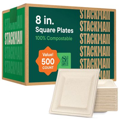 100% Compostable Square Paper Plates 8 inch [500-Bulk Pack] - (PFAS-Free) - (BPI Certified) Heavy Duty, Eco-Friendly, Biodegradable Bagasse Dinner Plates - Natural Brown 8x8" Plate