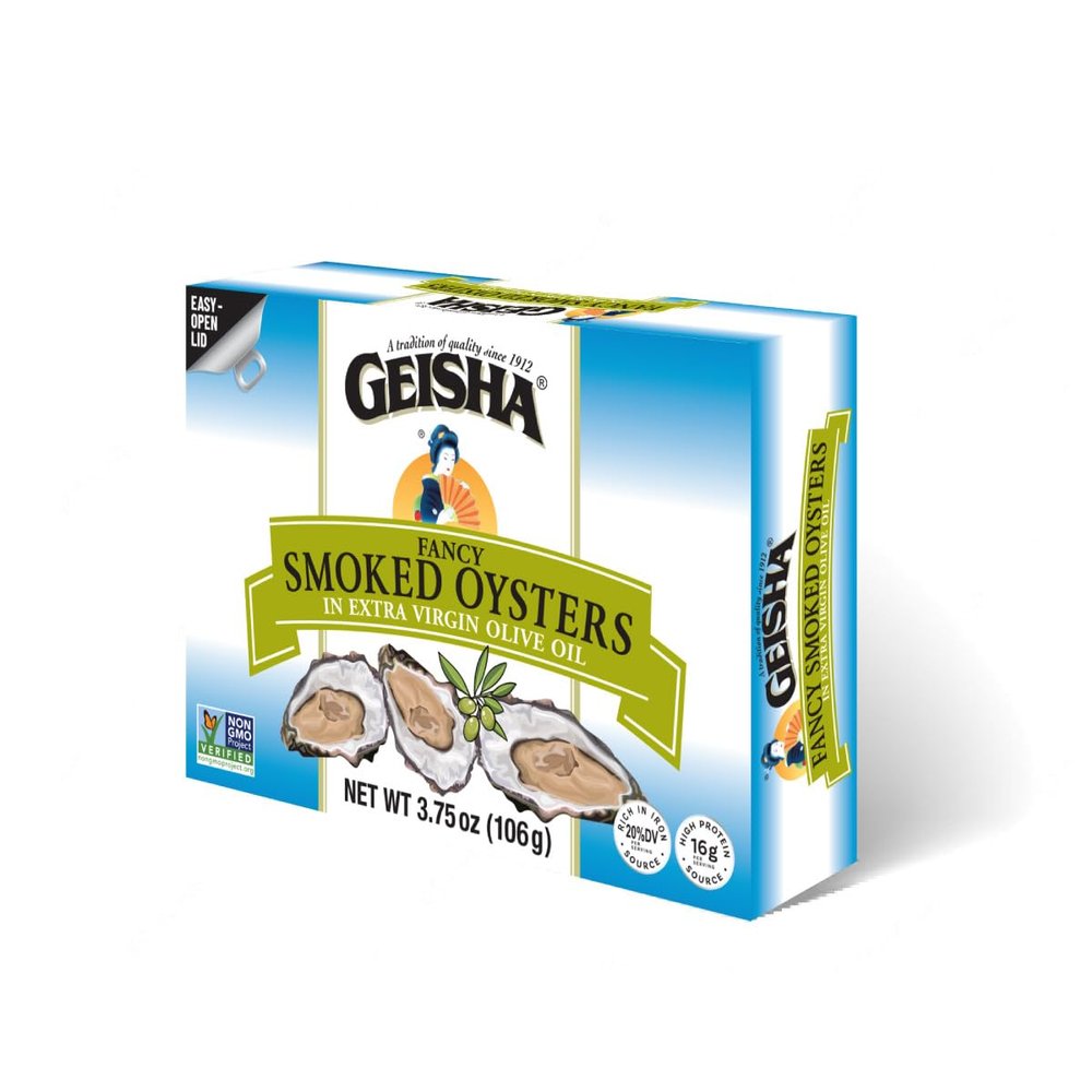 GEISHA Smoked Oysters in Extra Virgin Olive Oil 3.75oz(Pack of 12), Smoked Oysters | Zero Trans Fat - No Sugar Added  Farm Raised  Rich in Iron(20% DV per serving)  Gluten Free  Good Source of Protein(32% DV per serving)  NON-GMO Project Verifie