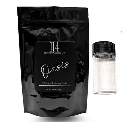 Powerful Oasis -Powerful Natural Carpet & Upholstery Deodorizing Powder-Pet Odor Remover-Tropical oasis of tangerine, orange peel, lemon, pineapple. Infused essential oil