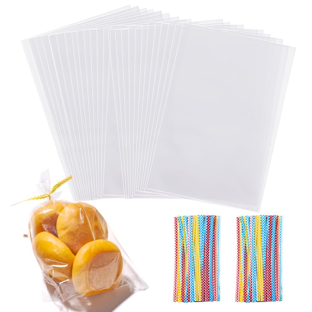 200 PCS Transparent Clear Cellophane Bags 6x9 Inches With Ties for Cookies, Gifts, Products, Candy, Favors - Resealable Packaging