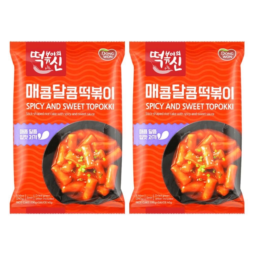 DONG WON Topokki with Spicy and Sweet Sauce, Korean Rice Cake Stick, Korean Street Food, 8.46 OZ (240 G) - 2 Pack