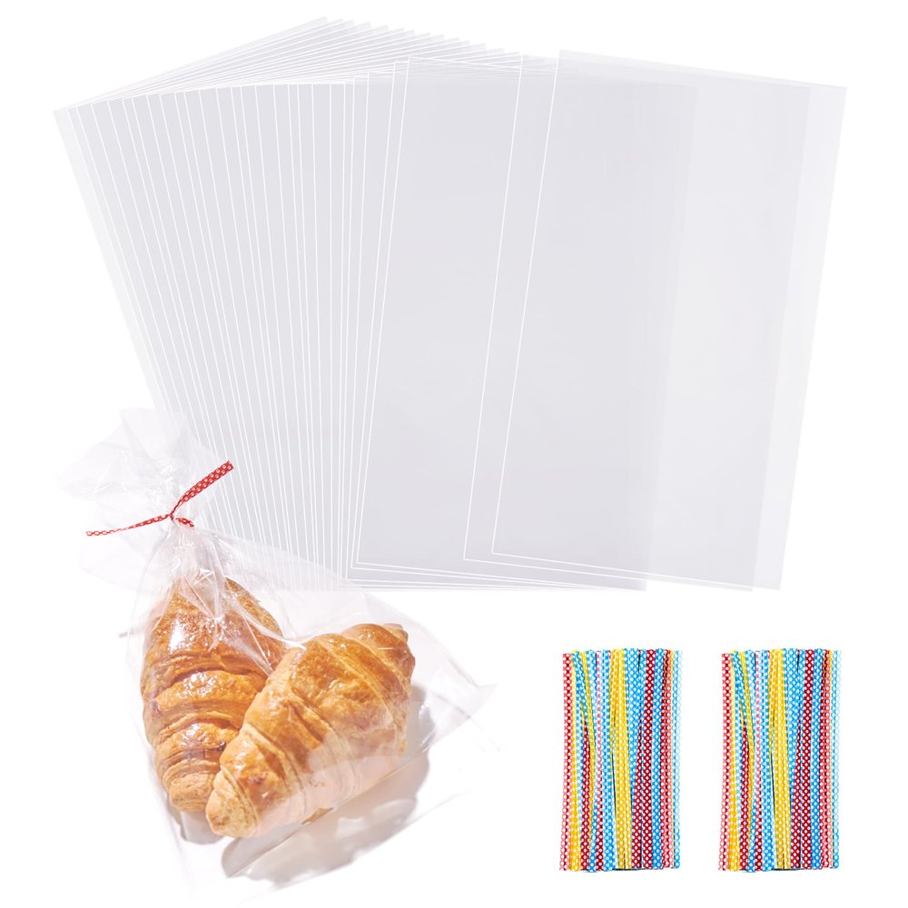 200 PCS Transparent Clear Cellophane Bags 7x13 Inches, Clear Treat Bags with Ties for Cookie Bags Resealable Cellophane Bag for Packaging Cookies,Gifts,Products,Candy,Favors