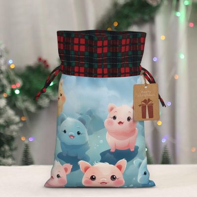 Kururi Christmas Gift Bags With Drawstring Colorful Cute Pig Print Burlap Gift Bags Christmas Linen Treat Sacks Gift Wrapping Bags Xmas Holiday Party Favors Bags
