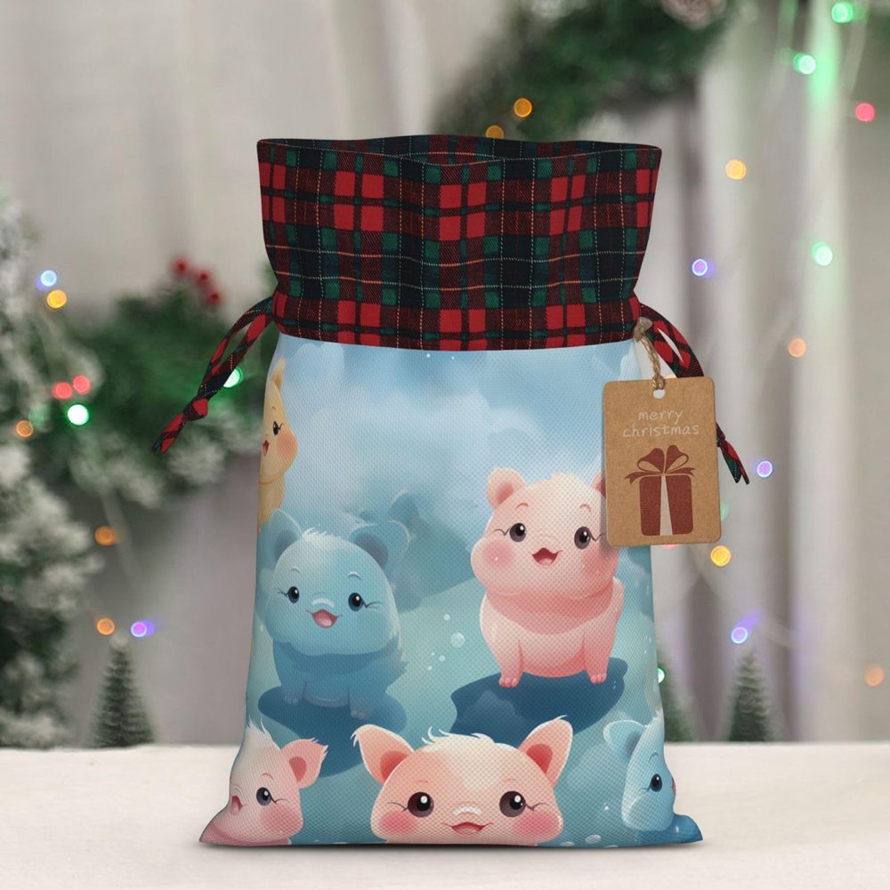 Kururi Christmas Gift Bags With Drawstring Colorful Cute Pig Print Burlap Gift Bags Christmas Linen Treat Sacks Gift Wrapping Bags Xmas Holiday Party Favors Bags