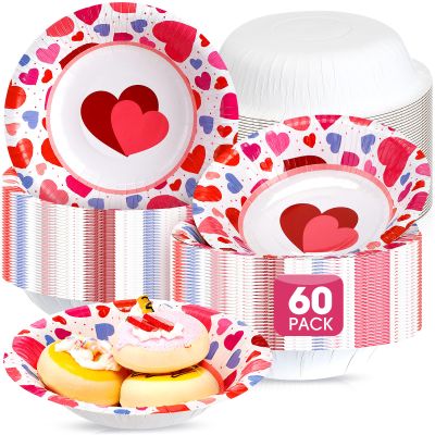 Nuogo 60 Pcs 16 oz Valentine's Day Disposable Paper Bowls Heavy Duty Bowls Heart Paper Soup Bowls for Both Cold and Hot Food Salad Cereal Food Snack Kitchen Holiday Party (Cute)