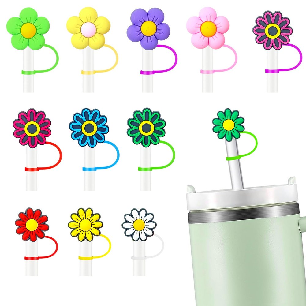 12PCS Silicone Straw Cover, 0.4Inch/10mm Cute Flower Reusable Straw Cup Accessories Drinking Straw Covers For 30&40 Oz Straw Topper Theme Party Favors Supplies Straw Cover (Flower)