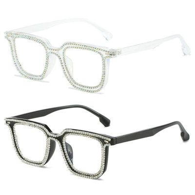 willochra 2pcs TR90 square Crystal Bling Reading Glasses Women Rhinestone Eyewear Frames Anti Blue Light Trendy Reader UV400 (2pcs-black&clear, 2.5, x)