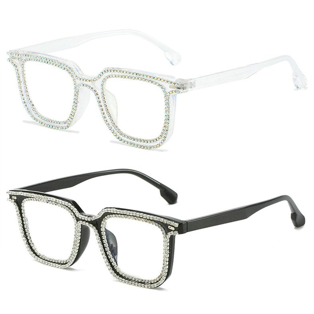 willochra 2pcs TR90 square Crystal Bling Reading Glasses Women Rhinestone Eyewear Frames Anti Blue Light Trendy Reader UV400 (2pcs-black&clear, 2.5, x)