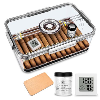 Cigar Humidor Clear Acrylic Humidor Spanish Cedar Plank Cigar Case Box Plastic Portable Airtight Container Holds 40-60 Cigars with Hygrometer and Humidifier(Medium)