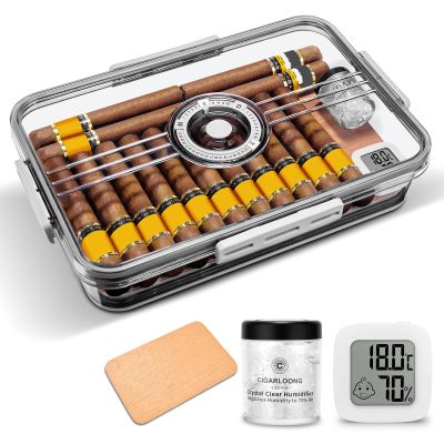 Cigar Humidor Clear Acrylic Humidor Spanish Cedar Plank Cigar Case Box Plastic Portable Airtight Container Holds 20-30 Cigars with Hygrometer and Humidifier(Small)