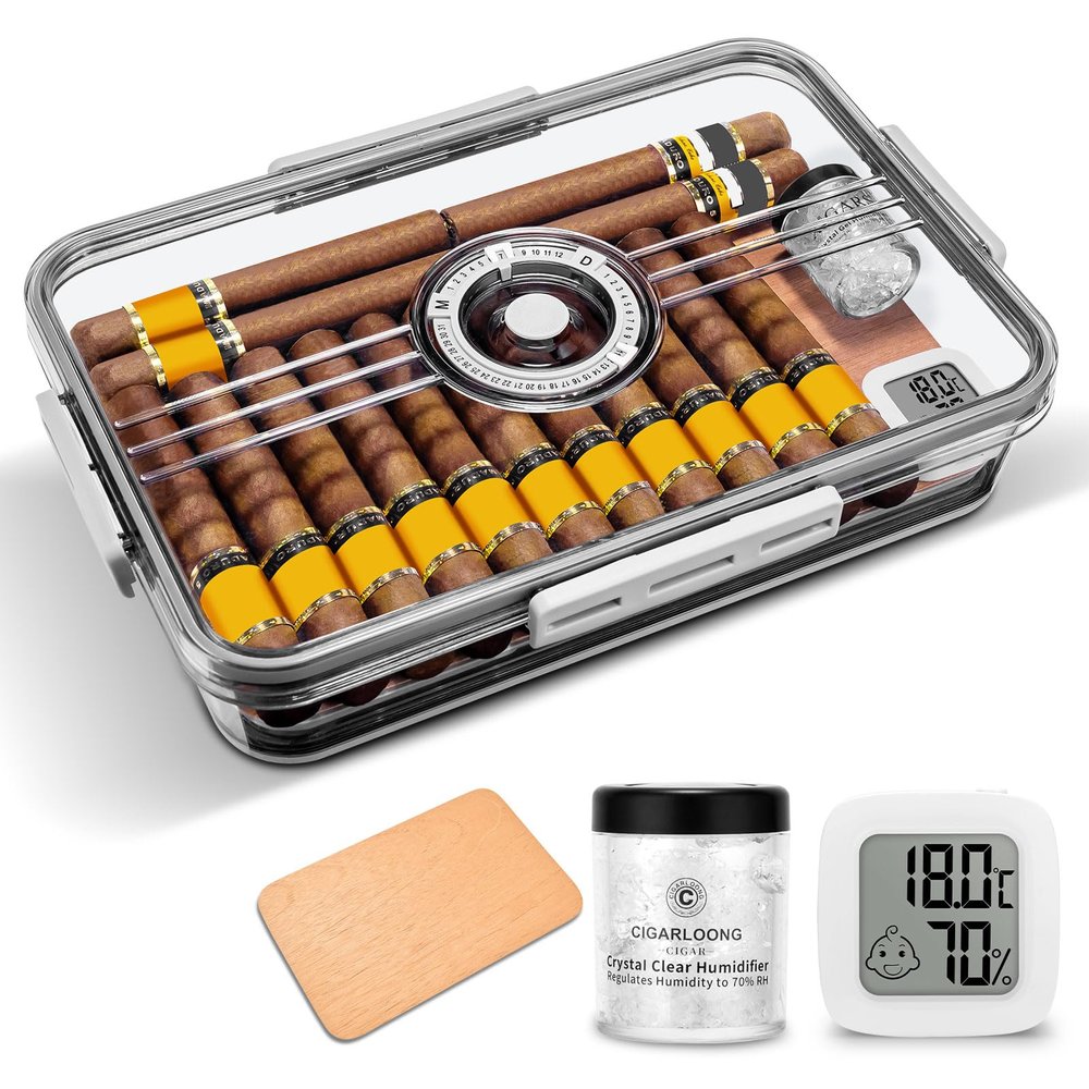 Cigar Humidor Clear Acrylic Humidor Spanish Cedar Plank Cigar Case Box Plastic Portable Airtight Container Holds 20-30 Cigars with Hygrometer and Humidifier(Small)