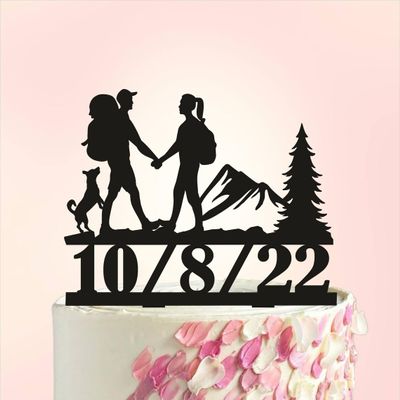 TiTaicor Hiking Wedding Cake Topper,Hiking Couple with dog Cake Topper,Our Adventure Begins Cake Topper,Love at First Hike Cake Insert for Proposal Wedding Engagement Anniversary Birthday Party.