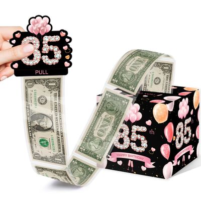 85th Birthday Gifts for Men Women, Pink Gold Surprise Money Box Gift Pull, Money Box for Cash Gift, 85th Birthday Party Decorations Supplieswith 35PCS Bags