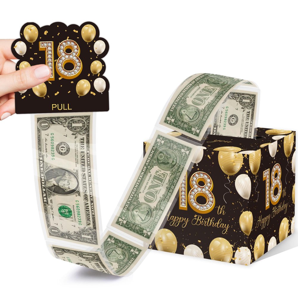 Cute 18th Birthday Gift Box for Boys & Girls - Pull Out Money Box with 35PCS Bags, Black Gold Birthday Decor for Party