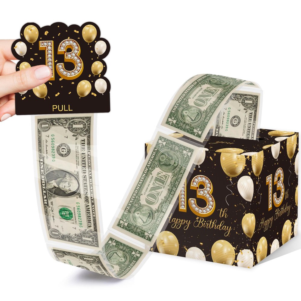 Azbuk 13th Birthday Money Pull-Out Surprise Box Gift for Teens | Creative Cash Present with Pulling Design | Includes 35PCS Clear Money Bags for Cash Gifts (Unisex Boys & Girls)