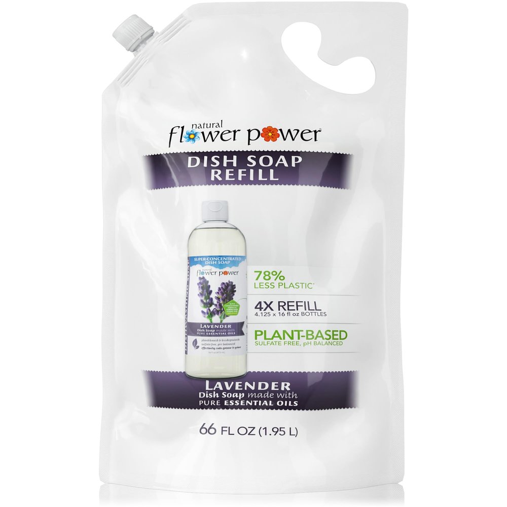 Natural Flower Power Liquid Dish Soap Refill  66 Fl Oz Refills 4X  Plant-Based & Scented w/Pure Essential Oils  Natural Dishwashing Detergent  Sulfate-Free Kitchen Soap (Lavender)