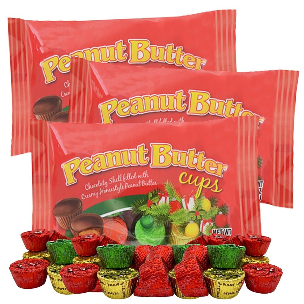 Sweetzo Individually Wrapped Holiday Chocolates, Bite Sized Christmas Treats, Party Favor, Stocking Stuffer, and More, 4.5 Ounces, 3 Pack (Peanut Butter Cups)