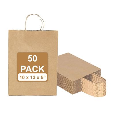 Excellent 10x5x13 Brown Kraft Paper Shopping Bags, Merchandise, Retail Bags, Party Favor Gift Bags, Large Paper Sacks with Handles available in Packs of 25/50/100/250CT (50)