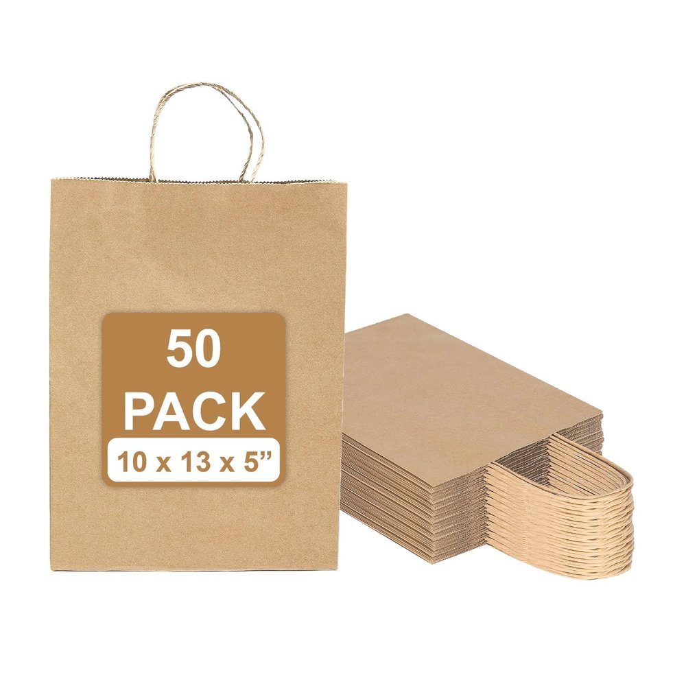 Excellent 10x5x13 Brown Kraft Paper Shopping Bags, Merchandise, Retail Bags, Party Favor Gift Bags, Large Paper Sacks with Handles available in Packs of 25/50/100/250CT (50)