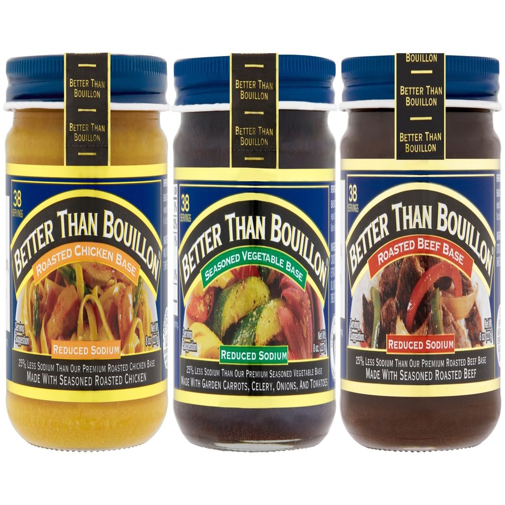 Better Than Bouillon Brand, Reduced Sodium Variety Pack with 1 Chicken Base, 1 Beef Base and 1 Vegetable Base, 8 Ounce Jars (Pack of 3)
