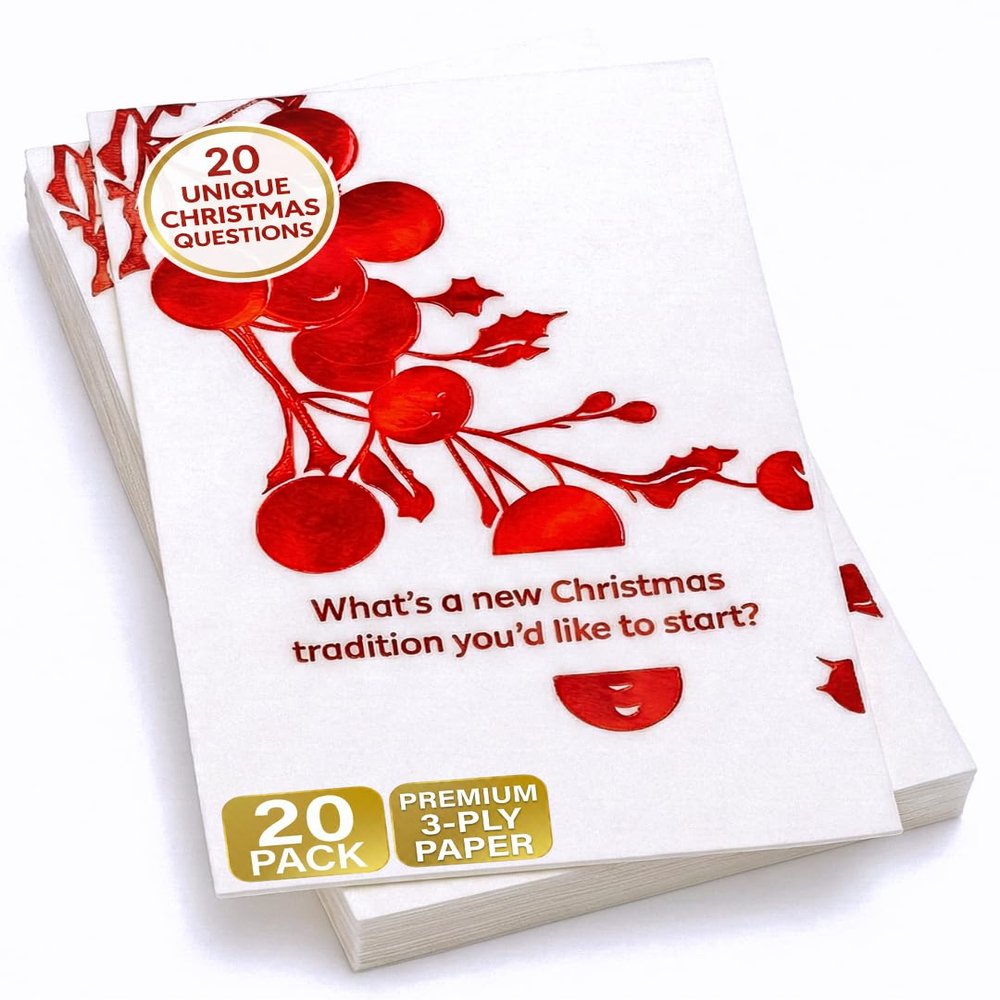 20 Pack Christmas Conversation Starter Napkins  Premium 3-Ply Paper Christmas Dinner Napkins with Red Cranberry Foil Design, Disposable Holiday Party Napkins for Family Gatherings  COTIER
