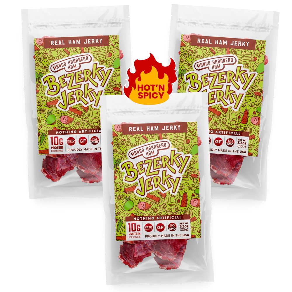 All Natural Spicy Jerky | Mango Habanero | Healthy Keto Snack | Authentic American Ham | Non-GMO | Gluten-Free | Low Fat | High Protein | Camping Food | Bezerky Jerky | 3.3 Oz (Pack of 3)
