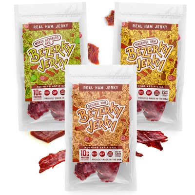 Premium Ham Jerky | Old Fashioned Recipe | Small Batch Handcrafted | Varitey Pack | American Snacks | Ready to Eat | Gluten-Free | Low-Fat | High Protein | Camping Food Bundle | Bezerky Jerky 3.3 Oz (Pack of 3)