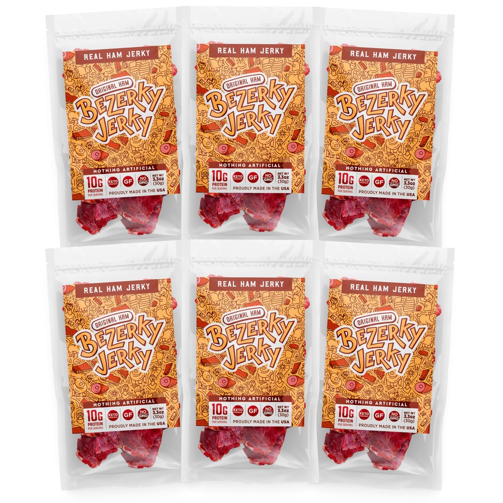 Authentic American Ham | Premium Jerky | All Natural Snacks | Keto-Friendly | Small Batch Handcrafted | High Protein Food | Non-GMO | Low Carbs | Old Fashioned Recipe | Bezerky Jerky | 3.3 Oz (Pack of 6)