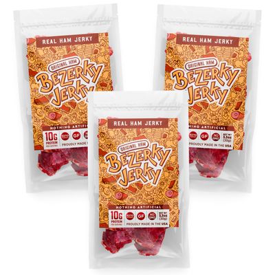 All Natural Jerky | Old Recipe Ham | Small Batch Handcrafted | Keto Food | High Protein Snacks | Made in the USA | Gluten-Free | Non-GMO | Low Carbs | Bezerky Jerky | 3.3 Oz (Pack of 3)