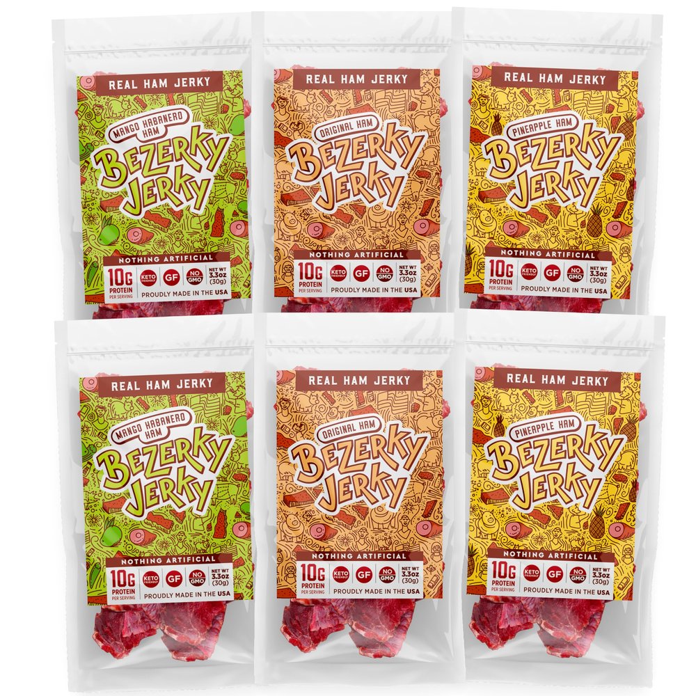 All Natural Ham | Jerky Variety Pack | Old Fashioned Recipe | Keto-Friendly | Gluten-Free | low carb snack | High Protein | Bezerky Jerky 3.3 Oz (Pack of 6)
