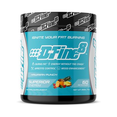 D-Fine8 Thermogenic Pre-Workout Energy Powder & Shredding Supplement, Boost Energy Mood & Focus, Sugar Free, Contains Senactiv, Endurance, 300mg Caffeine, N-Acetyl-L-Tyrosine (Hawaiian Punch)