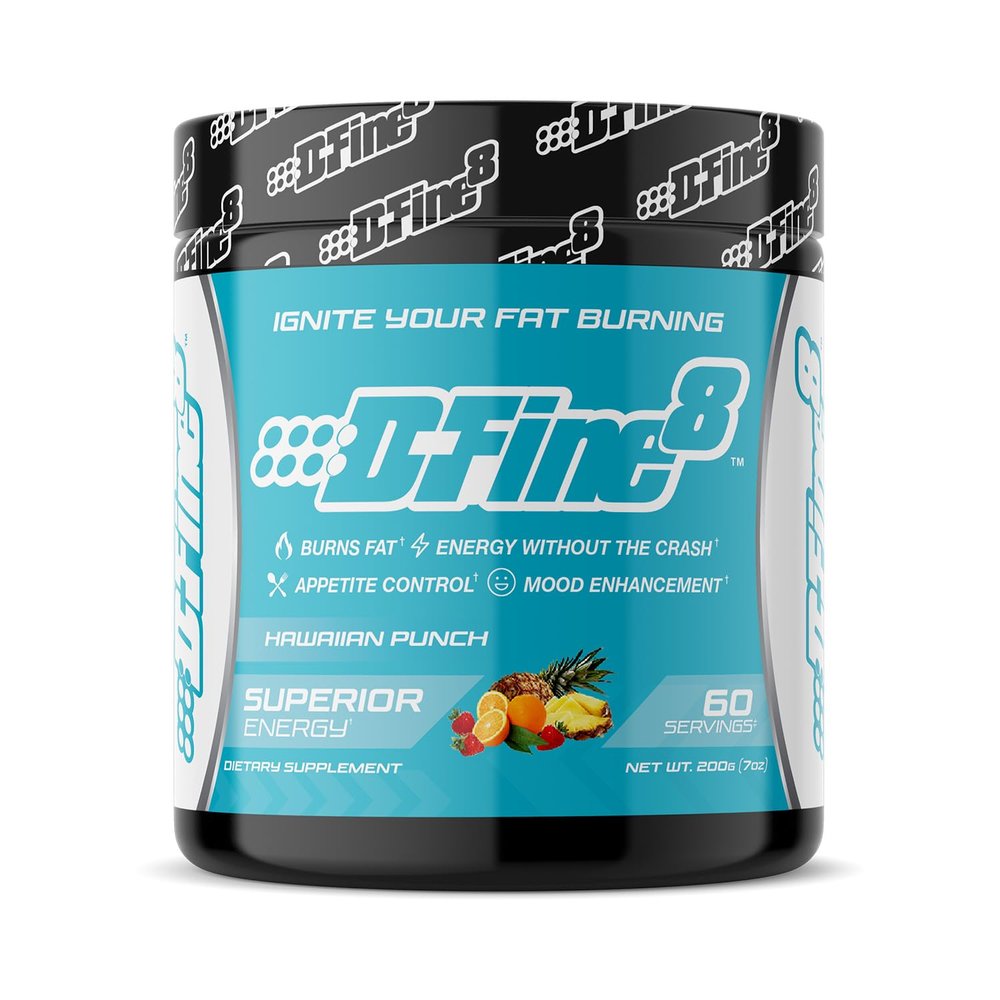 D-Fine8 Thermogenic Pre-Workout Energy Powder & Shredding Supplement, Boost Energy Mood & Focus, Sugar Free, Contains Senactiv, Endurance, 300mg Caffeine, N-Acetyl-L-Tyrosine (Hawaiian Punch)