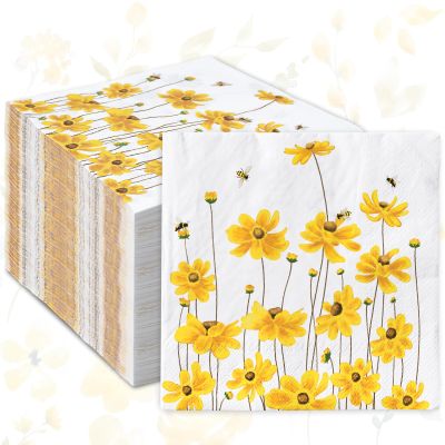 80Pcs Summer Floral Cocktail Napkins Flower Bee Disposable Paper Napkins Yellow Decorative Beverage Napkins for Birthday Wedding Baby Shower Party Supplies, 5 x 5 Inch