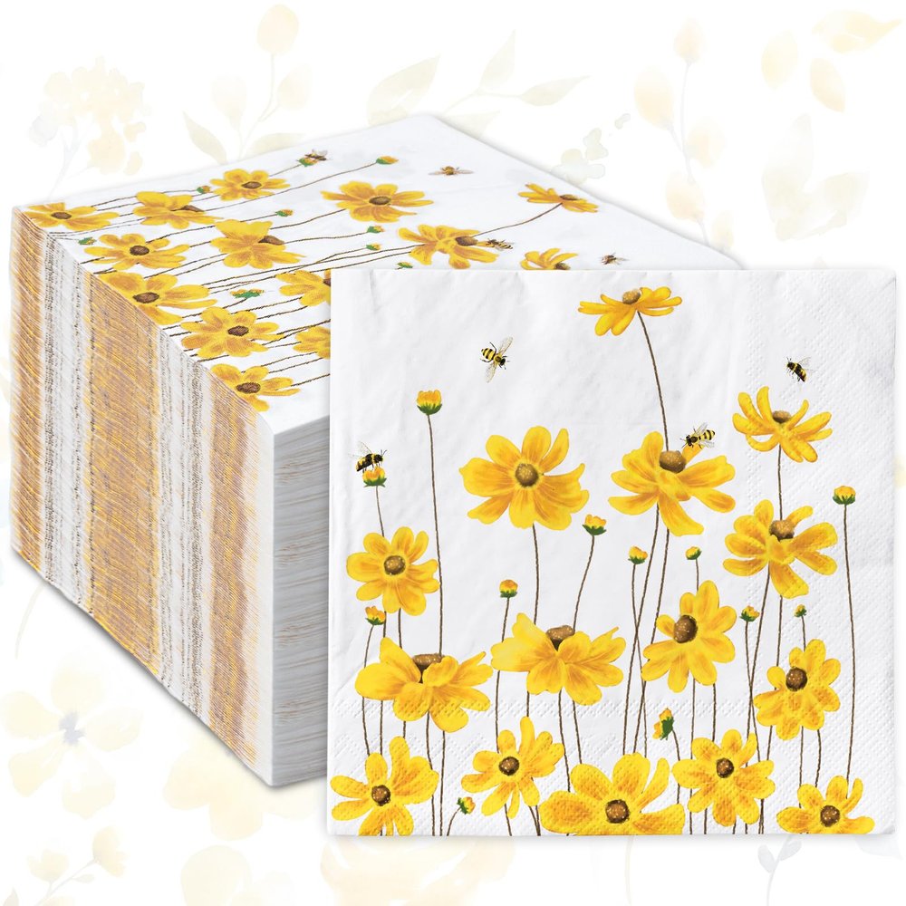 80Pcs Summer Floral Cocktail Napkins Flower Bee Disposable Paper Napkins Yellow Decorative Beverage Napkins for Birthday Wedding Baby Shower Party Supplies, 5 x 5 Inch
