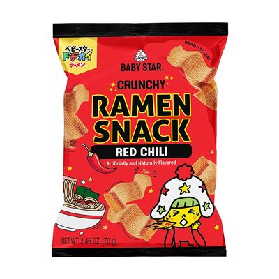 Baby Star Crunchy Ramen Snack Wide Red Chili 2.46oz, Japanese Crispy Noodle Treat, Spicy Savory Taste, Asian Food for Kids and Adults