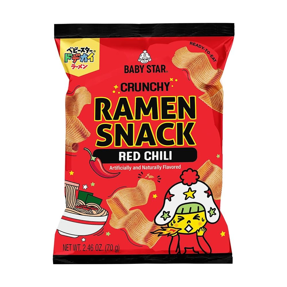 Baby Star Crunchy Ramen Snack Wide Red Chili 2.46oz, Japanese Crispy Noodle Treat, Spicy Savory Taste, Asian Food for Kids and Adults