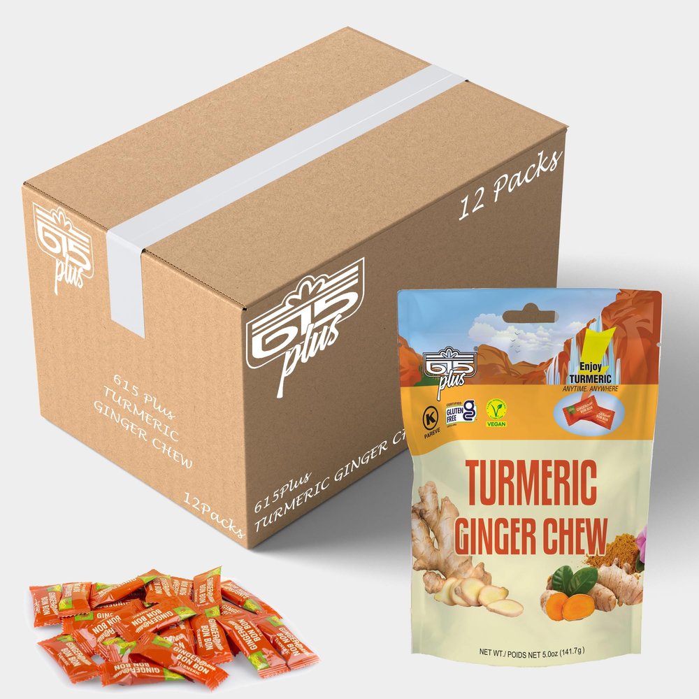 615 Plus Ginger Candy Chewy Ginger Chew (Turmeric, 5.0 Ounce, Pack of 12)
