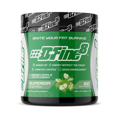 D-Fine8 Thermogenic Pre-Workout Energy Powder & Shredding Supplement, Boost Energy Mood & Focus, Sugar Free, Contains Senactiv, Endurance, 300mg Caffeine, N-Acetyl-L-Tyrosine (Green Apple Explosion)
