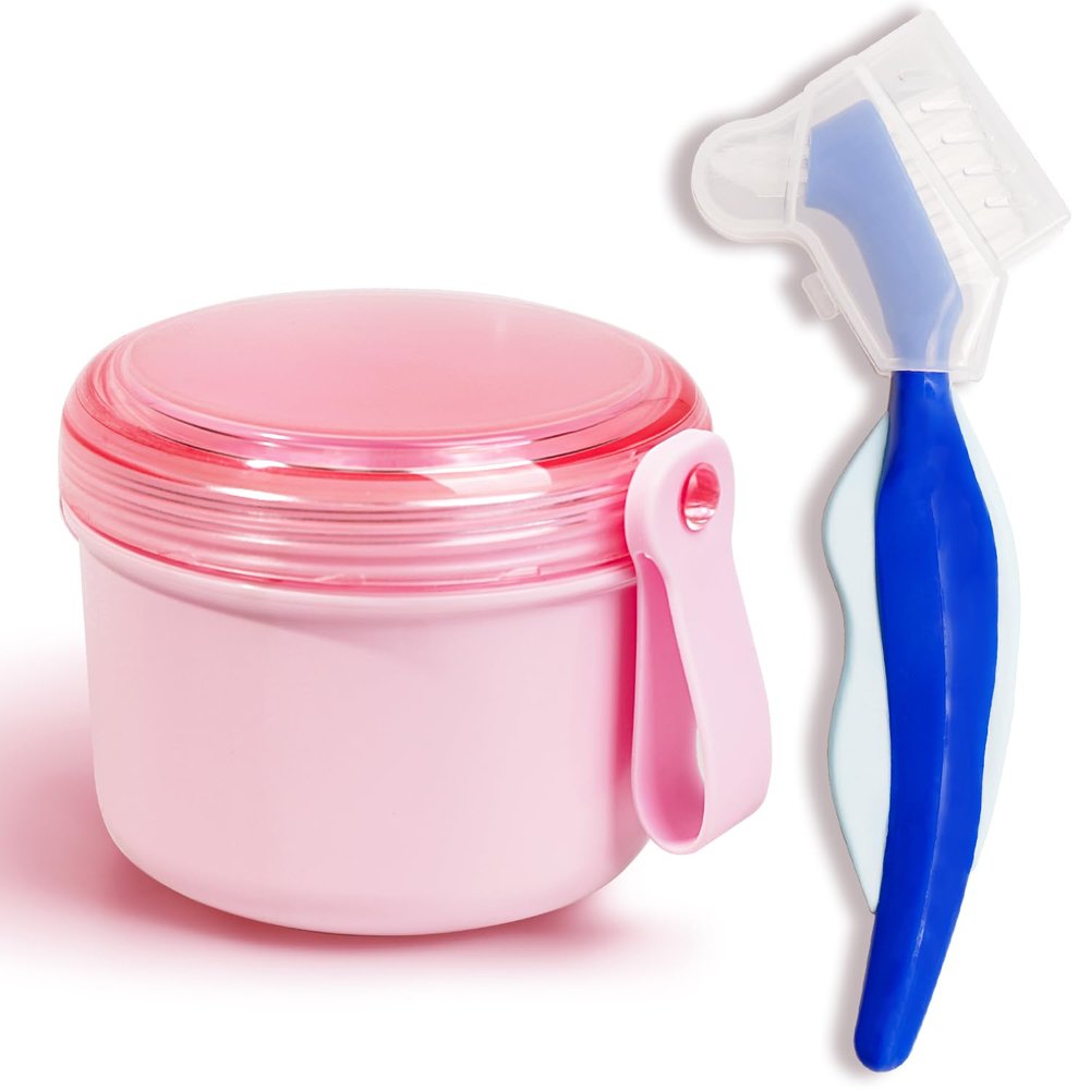 Mckkor Denture Case with Denture Brush, Waterproof Denture Bath with Portable Denture Brush Holder,Partial Denture Case with Basket denture cups for soaking dentures (pink)