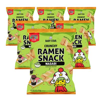 Baby Star Crunchy Ramen Snack Wide | Wasabi 5.99oz (6 Pack) | Delicious Dry Ramen Snack Packs