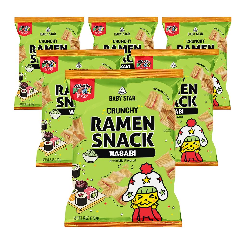 Baby Star Crunchy Ramen Snack Wide | Wasabi 5.99oz (6 Pack) | Delicious Dry Ramen Snack Packs