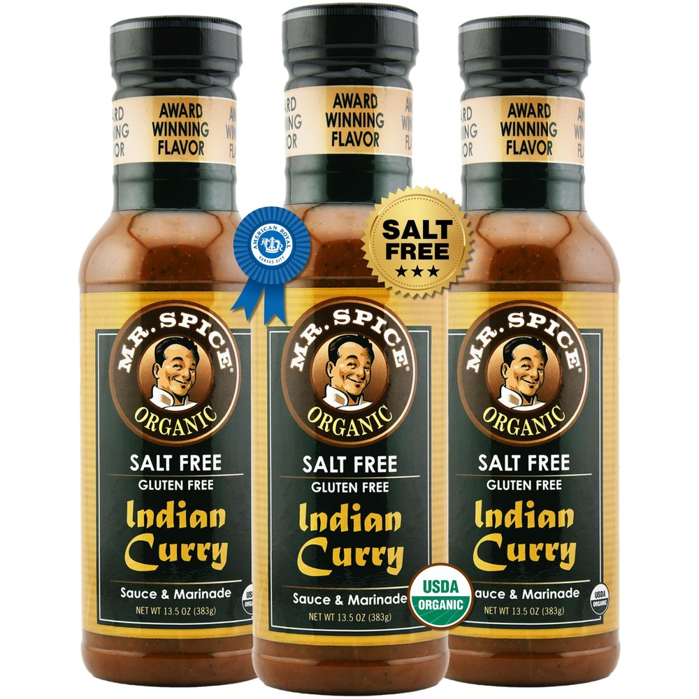 Mr. Spice Organic Indian Curry Sauce, Salt Free Curry Sauce (0mg/serv), Gluten Free, Low Sodium Sauces for Marinade, Simmer, Skillet & Air Fryer, No Salt Award-Winning Flavor, 13.5 Ounce (Pack of 3)