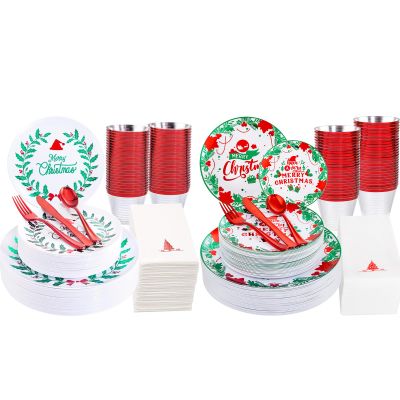 175PCS Christmas plastic plates-White and Green Plates&Christmas Party Plates include 50 Christmas Plates 25 Cups 75 Plastic cutlery 25 Christmas Tree Napkins for Christmas