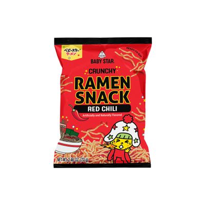 Baby Star Crunchy Ramen Snack Tiny Red Chili Flavor, 2.46 oz, Japanese Crispy Noodle Treat, Spicy Savory Taste, Asian Food for Kids and Adults