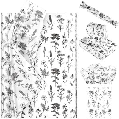 100 Sheet 20 * 14 Inches Vintage Wildflower Tissue Paper Black and White Floral Gift Wrapping Paper Botanical Decorative Tissue Paper for Gift Bags for Birthday Wedding Bridal Shower DIY Craft