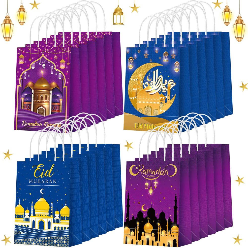 Yeaqee 24 Pcs Eid Mubarak Gift Bags Ramadan Party Favor Pouches Eid Goodie Bags with Handles Paper Wrappers Muslim Containers for Moon Holiday Party Supplies