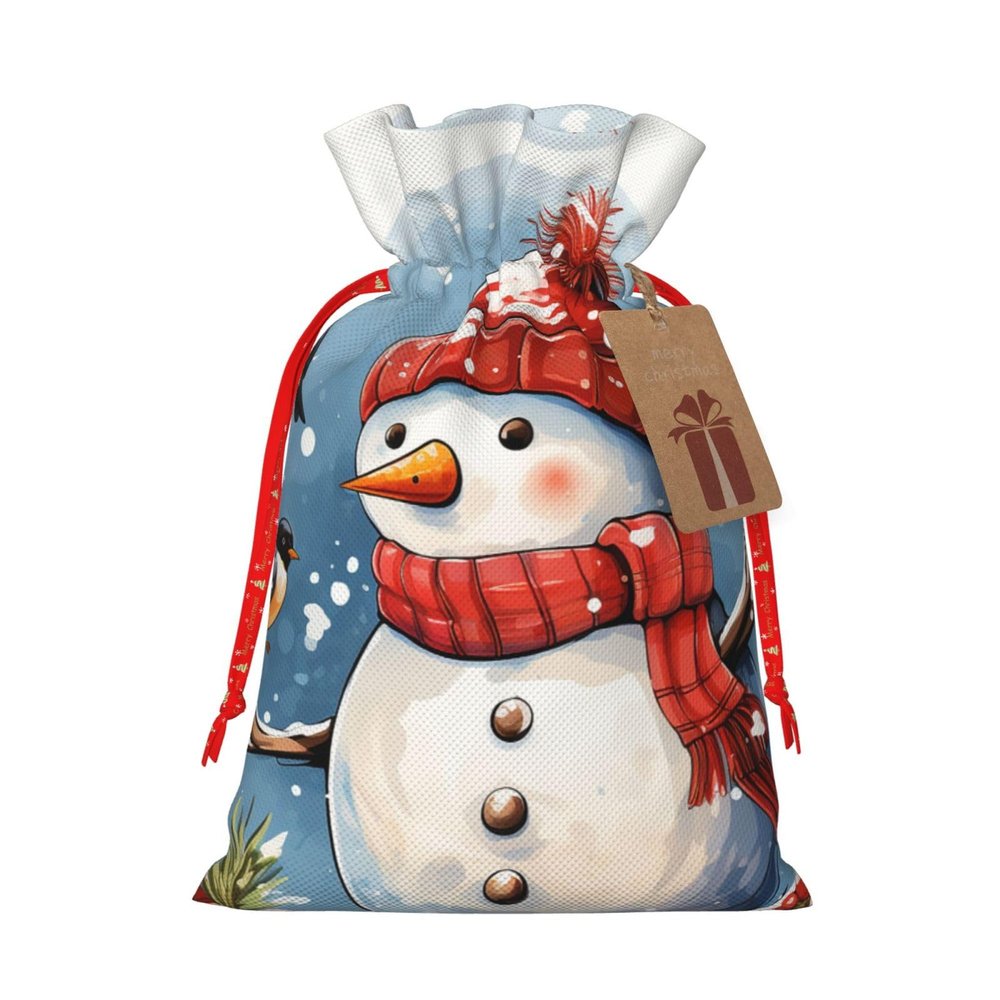 UNIOND Christmas Snowman Bird Snowflake Print Christmas Gift Bags Burlap Xmas Drawstring Bags Reusable Favor Bags With Gift Tag For Christmas New Year'S Day Present Wrapping Bags